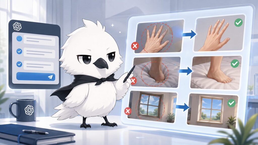ChatGPTで生成した画像に手足や背景の崩れが起きている例のイメージ