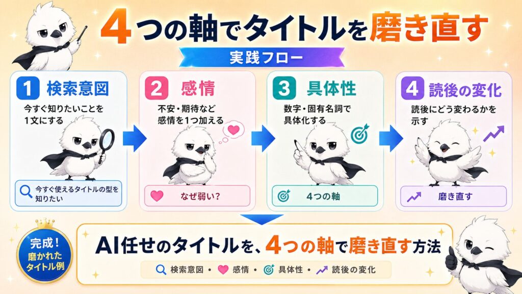 検索意図・感情・具体性・読後の変化の4ステップでタイトルを磨き直す手順のイメージ