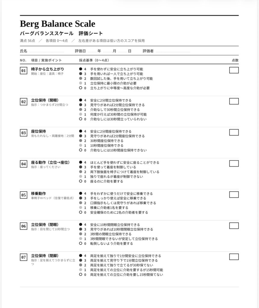 Berg Balance Scale 評価シートのプレビュー画像