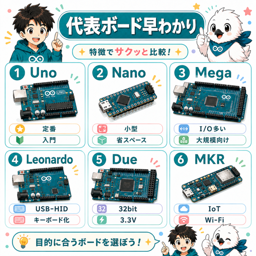Arduinoの主なボードのラインナップを示したイラスト