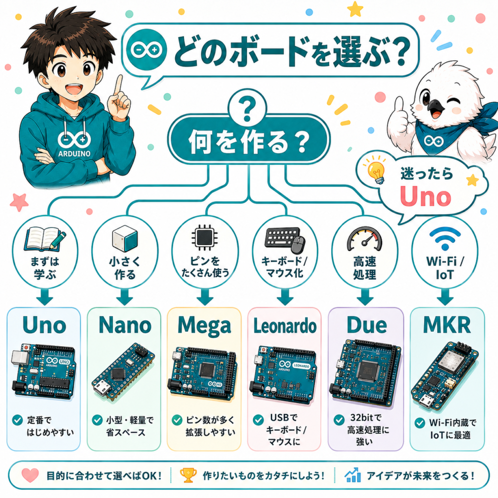 代表的なArduinoボードのスペック比較を示したイラスト