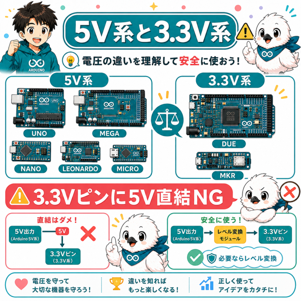 Arduinoの電源供給と動作電圧の仕組みを示したイラスト