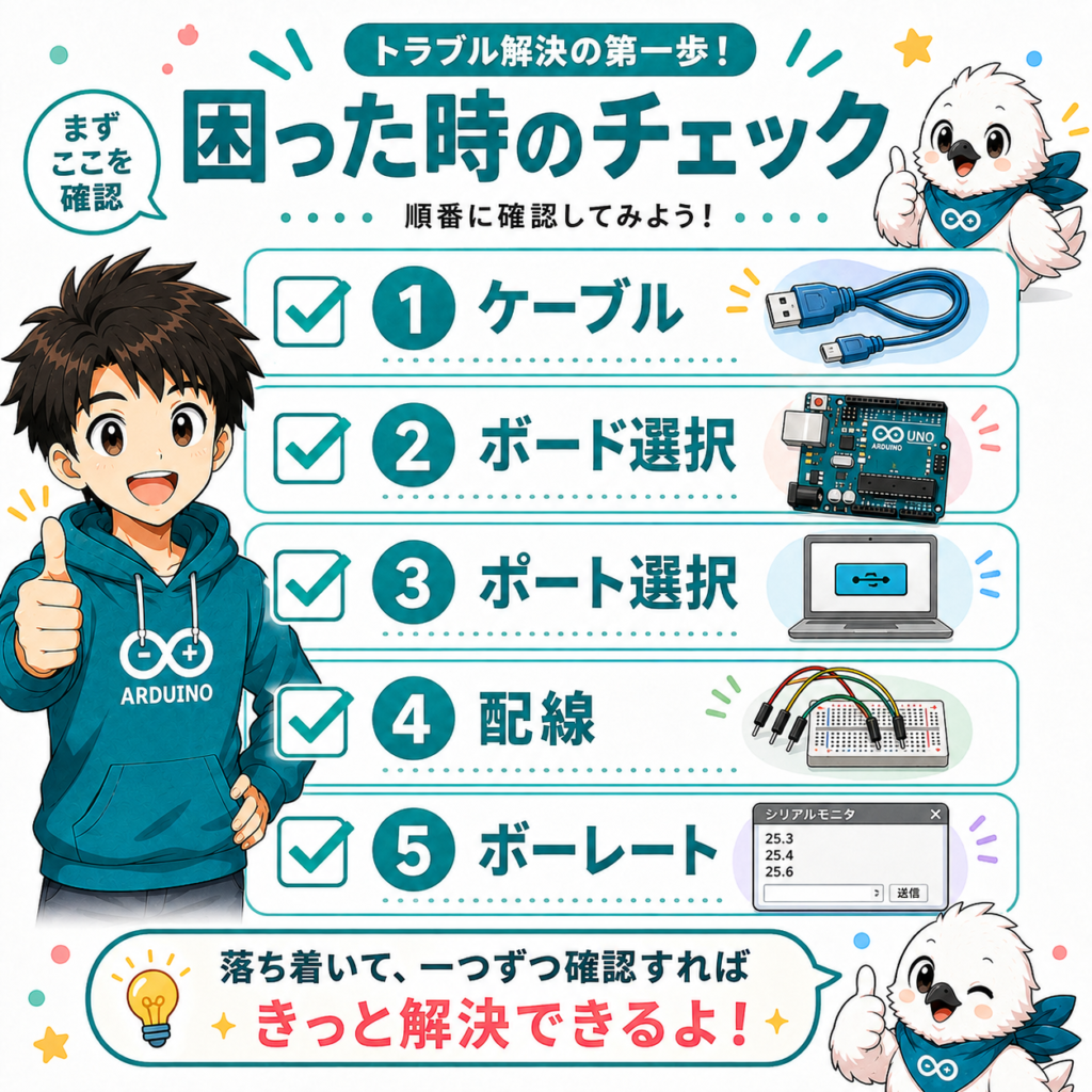 Arduinoのトラブルシューティングの手順を示したイラスト