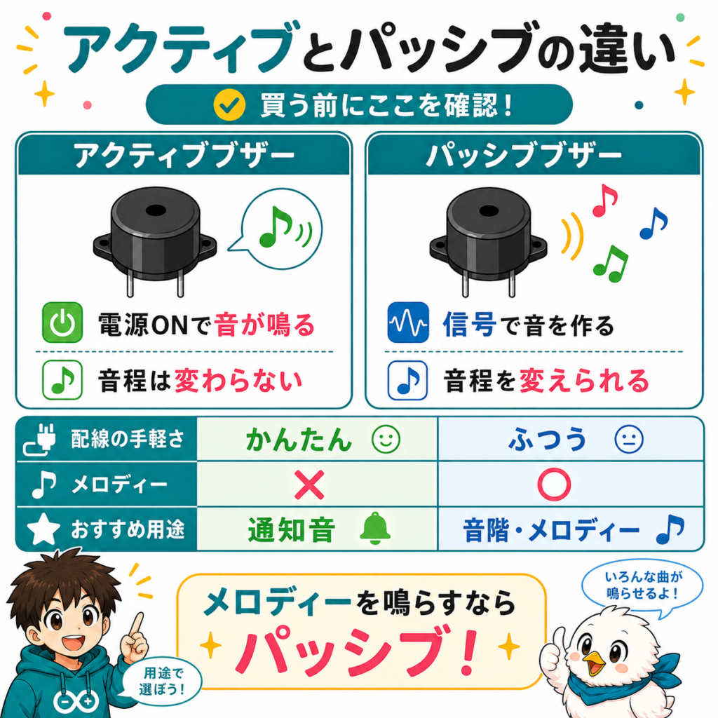 Arduinoで使うアクティブブザーとパッシブブザーの違いを比較した図解