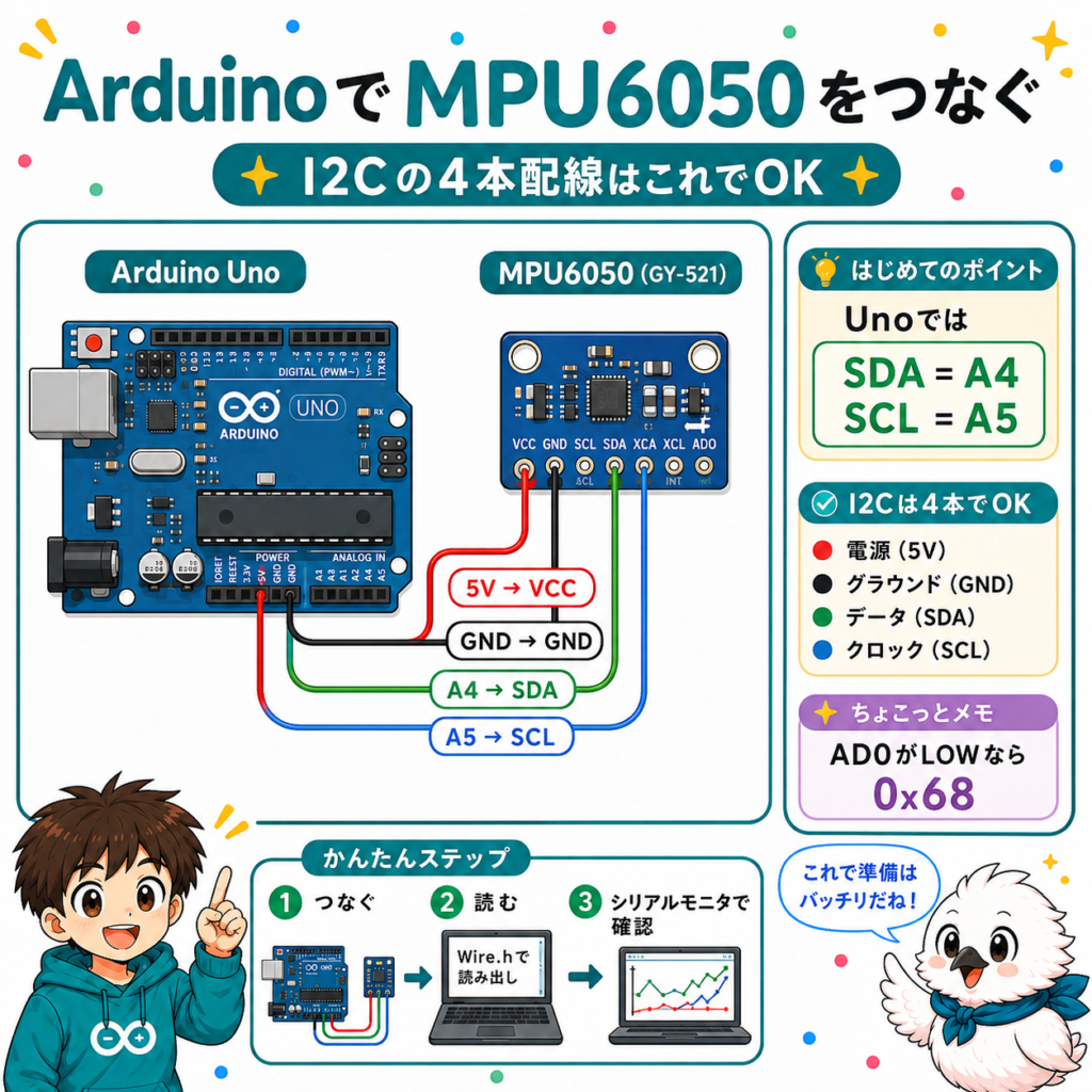 Arduino UnoとMPU6050のI2C配線図