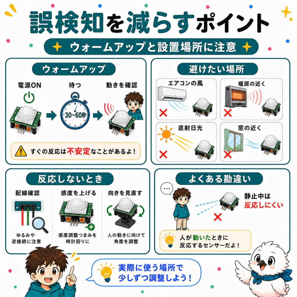 HC-SR501のウォームアップ時間と設置場所による誤検知対策
