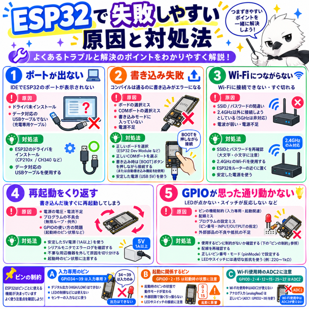 ESP32でよくあるトラブルと対処法。USBポートが表示されない、書き込み失敗、Wi-Fi接続不良、再起動、GPIOの制約を解説