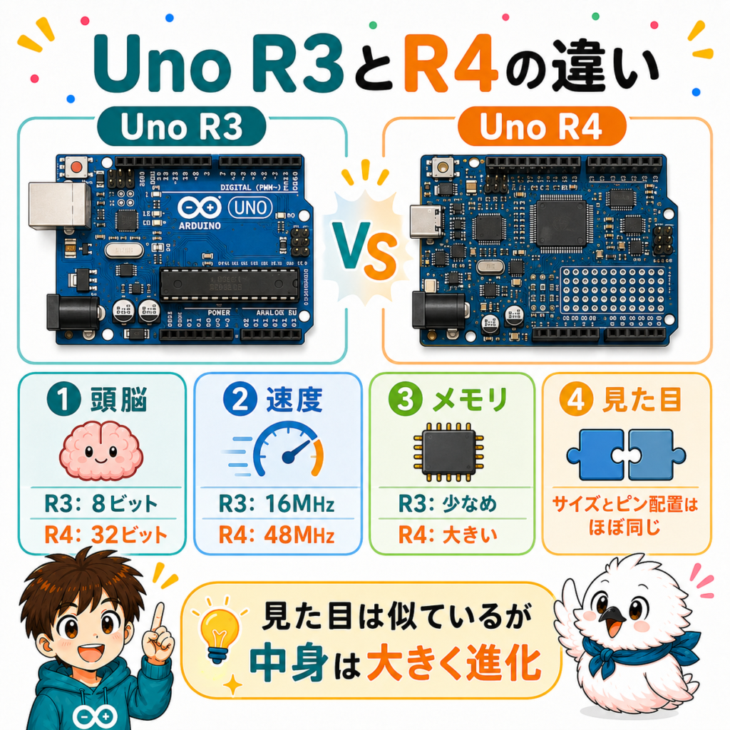 Arduino Uno R3とR4の違いをマイコン・処理速度・メモリ・基板形状で比較した図解