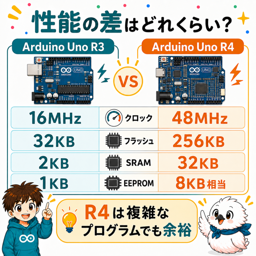 Arduino Uno R3とR4の性能差を16MHzと48MHz、フラッシュメモリ、SRAMで比較した図解