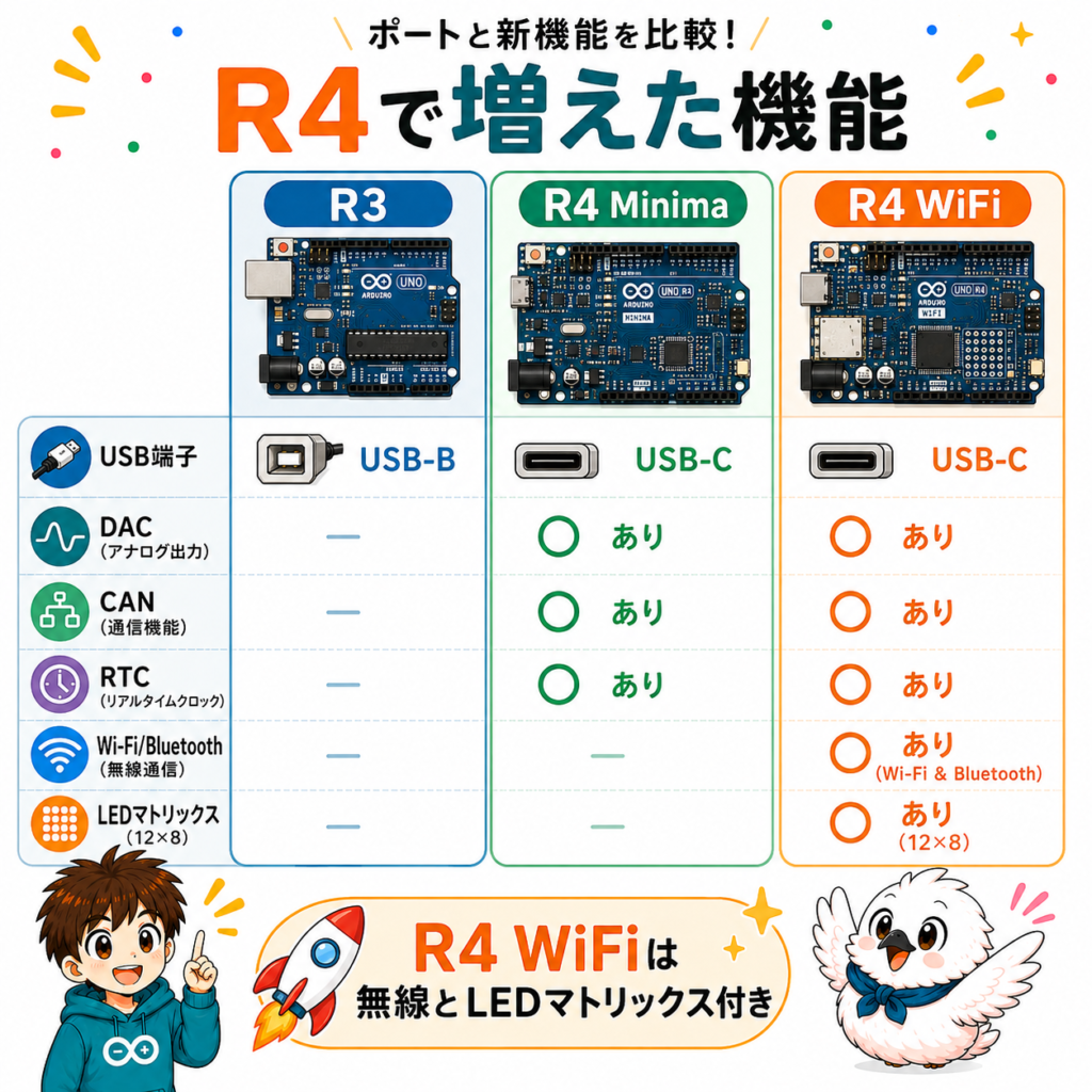 Arduino Uno R3・R4 Minima・R4 WiFiのUSB端子、DAC、CAN、RTC、Wi-Fiなどの機能比較図