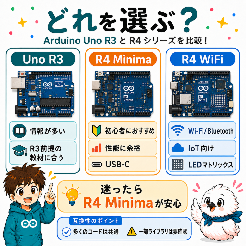 Arduino Uno R3・R4 Minima・R4 WiFiを初心者向け、性能、無線通信の用途別に比較した選び方図解