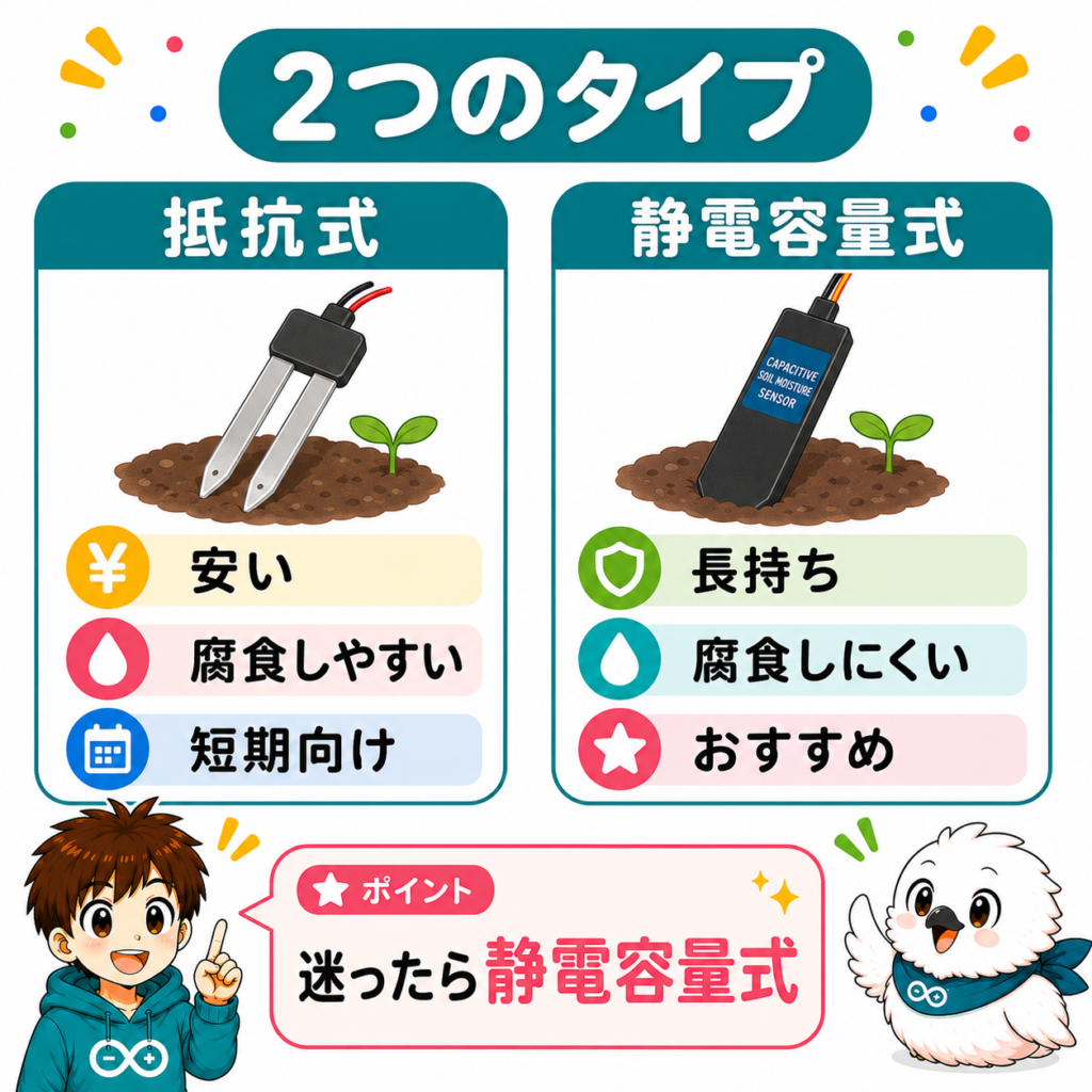 土壌水分センサーの抵抗式と静電容量式の違いと特徴を比較した図