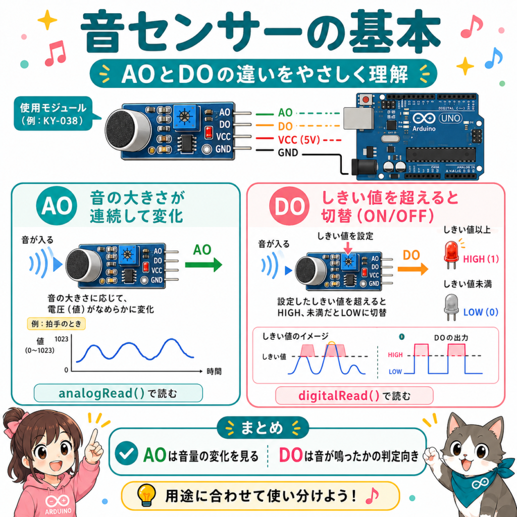 Arduino音センサーのAOとDOの違いを解説した図