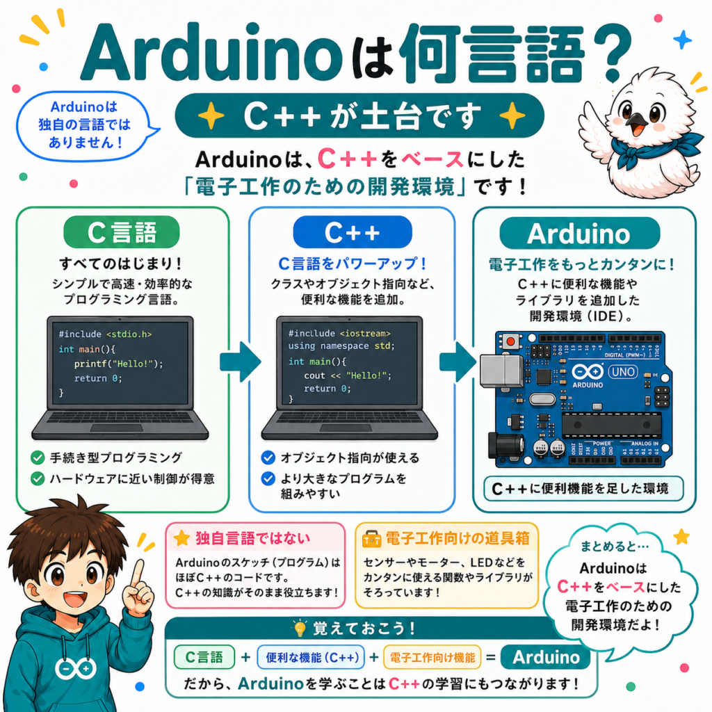 ArduinoはC++をベースにした開発環境であることを示す図解