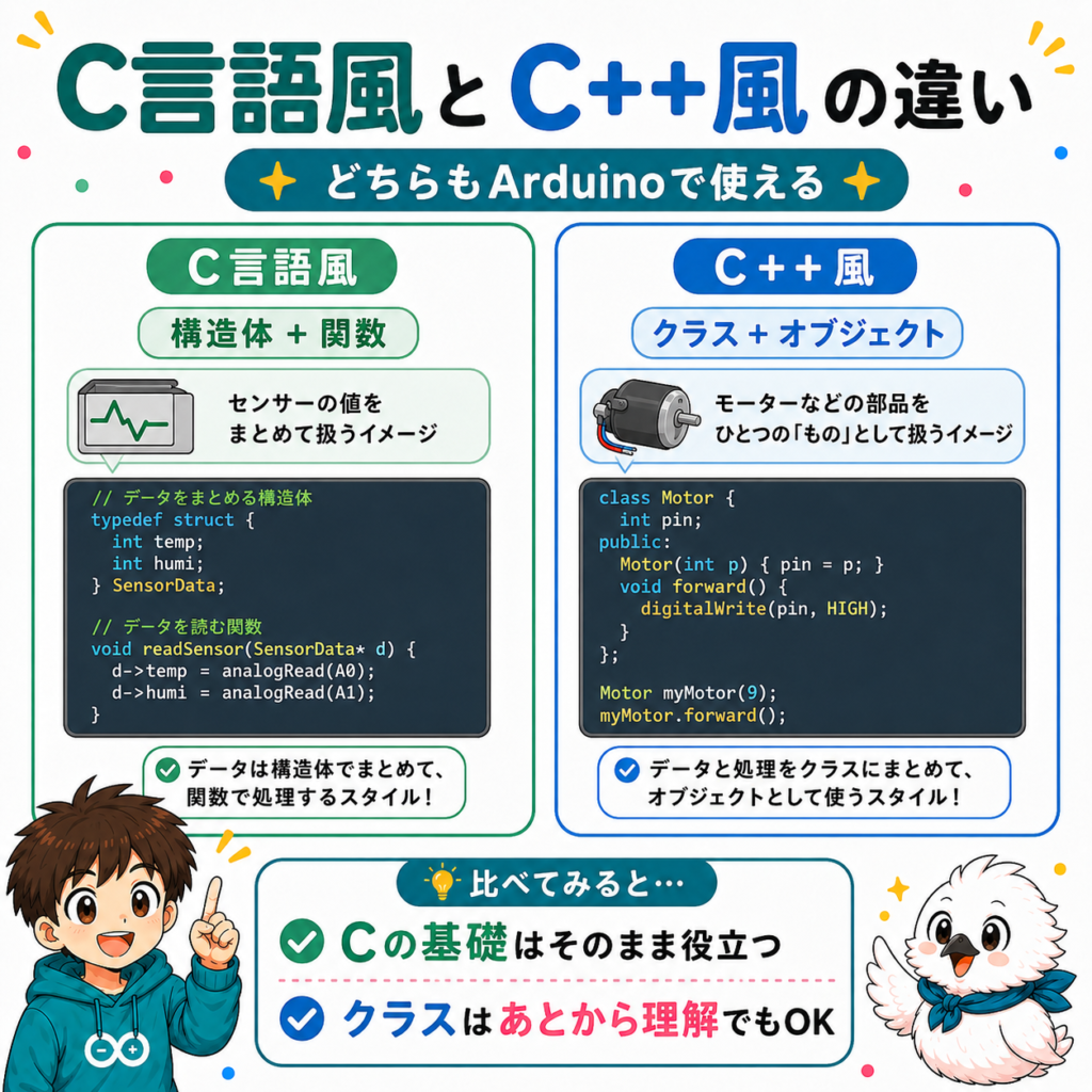 ArduinoにおけるC言語風とC++風のプログラムの違いを比較した図解