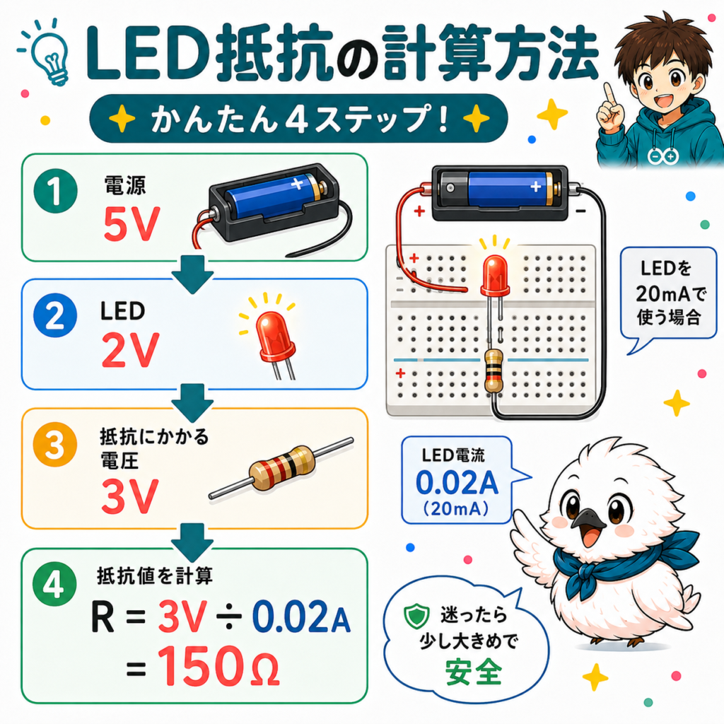 LED点灯回路の抵抗値をオームの法則で計算する方法