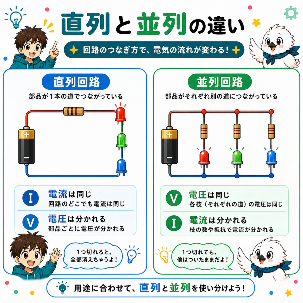 直列回路と並列回路の違いを比較した初心者向け図解