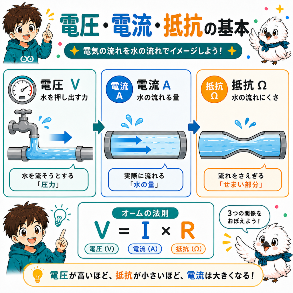 電子工作の電圧・電流・抵抗を水の流れで解説した図