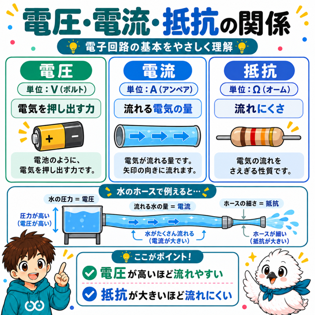 電圧・電流・抵抗の違いを水の流れで比較した初心者向け図解