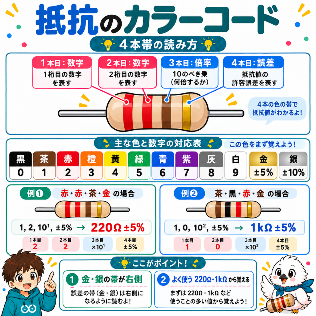 抵抗器のカラーコード4本帯の読み方と220Ω・1kΩの例