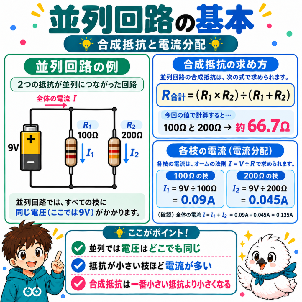 並列回路の合成抵抗と電流分配を100Ωと200Ωで解説した図解