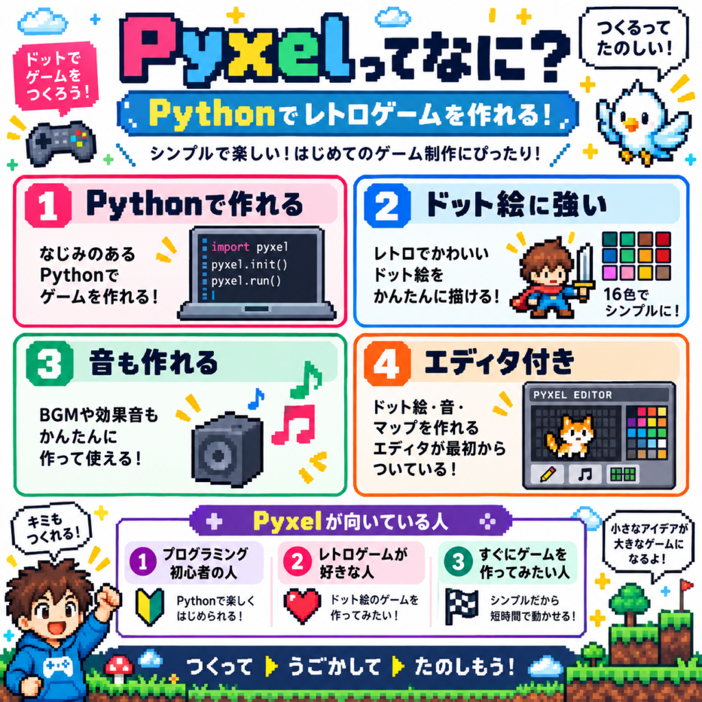 Pyxelとは何かをPython・ドット絵・サウンド・専用エディタの特徴から解説した図