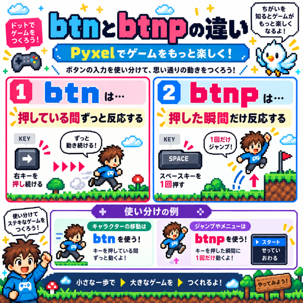 Pyxelのbtnとbtnpの違いとキャラクター移動・ジャンプでの使い分け