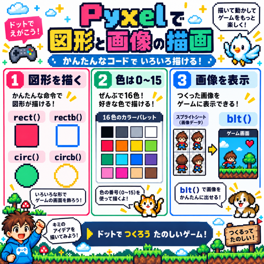 Pyxelのrect・circ・bltを使った図形と画像の描画方法