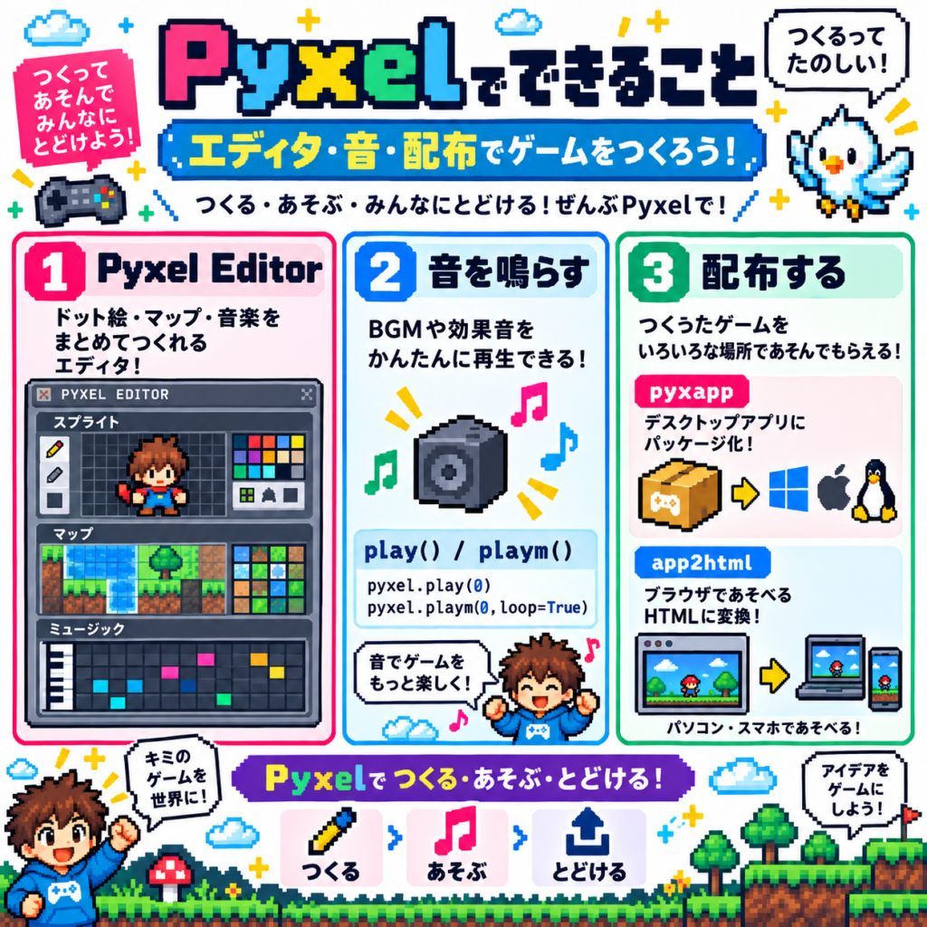 Pyxel Editorでドット絵と音を作りゲームをHTMLやアプリとして配布する方法