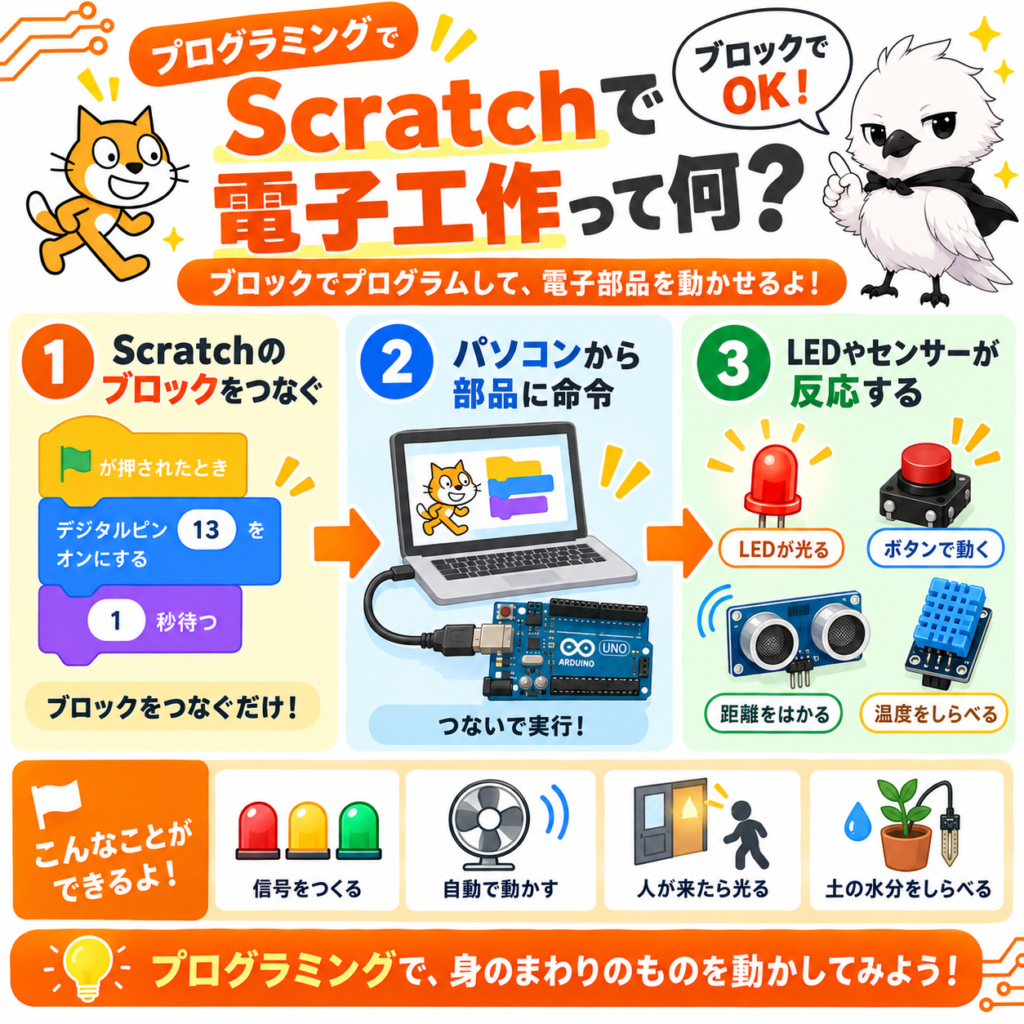 ScratchのブロックからArduinoへ命令してLEDやセンサーを動かす仕組み