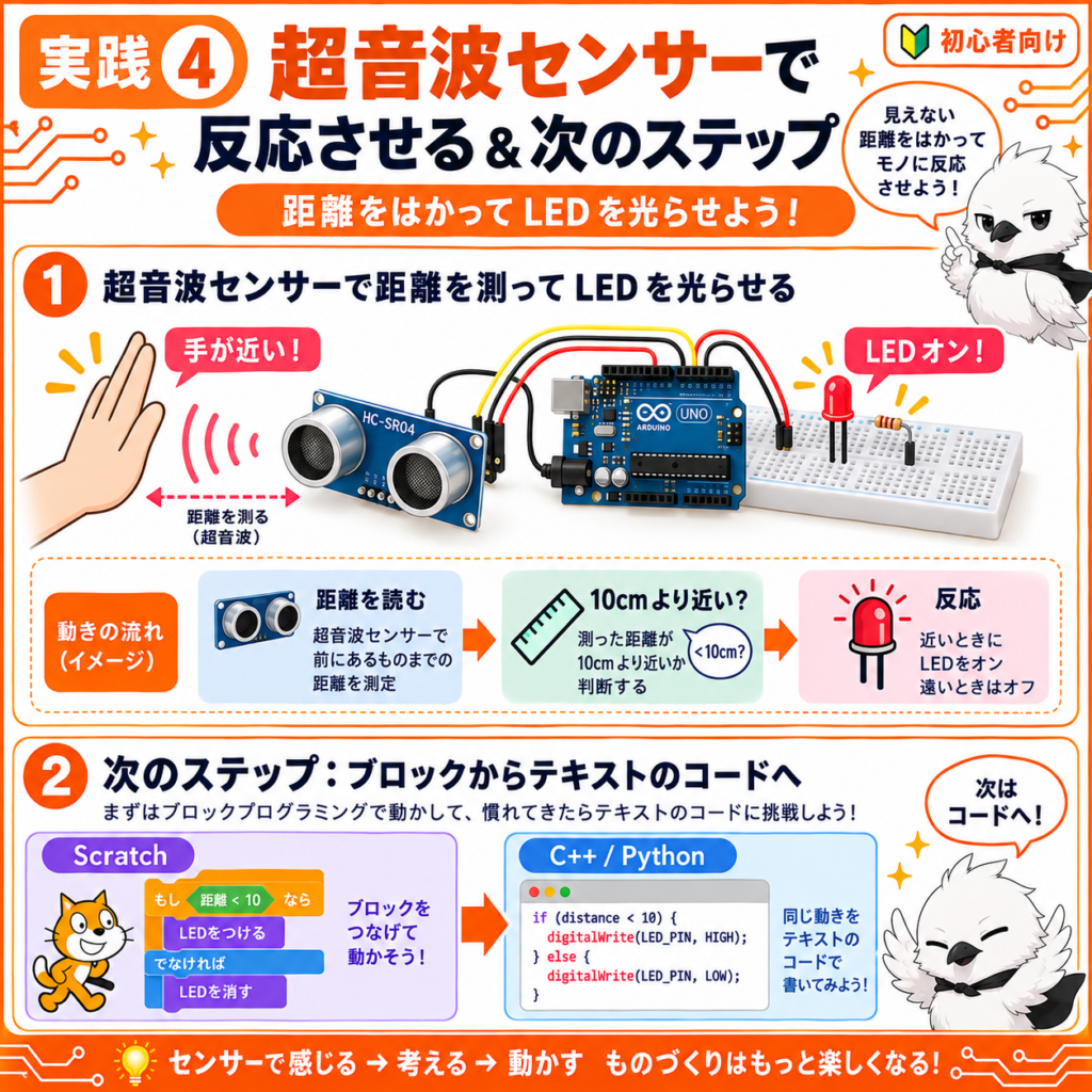 HC-SR04超音波距離センサーでLEDを反応させブロックからコードへ学ぶ流れ