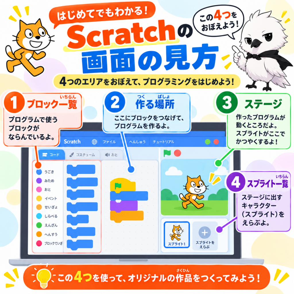 Scratchの画面構成と4つの基本エリアを解説した図解
