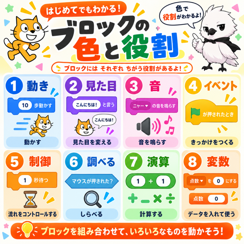 Scratchのブロックの色とカテゴリごとの役割を解説した図解