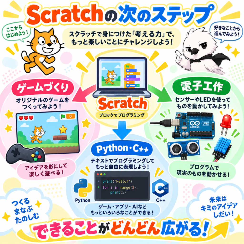 Scratchからゲーム制作・電子工作・Pythonへ進む学習ステップの図解