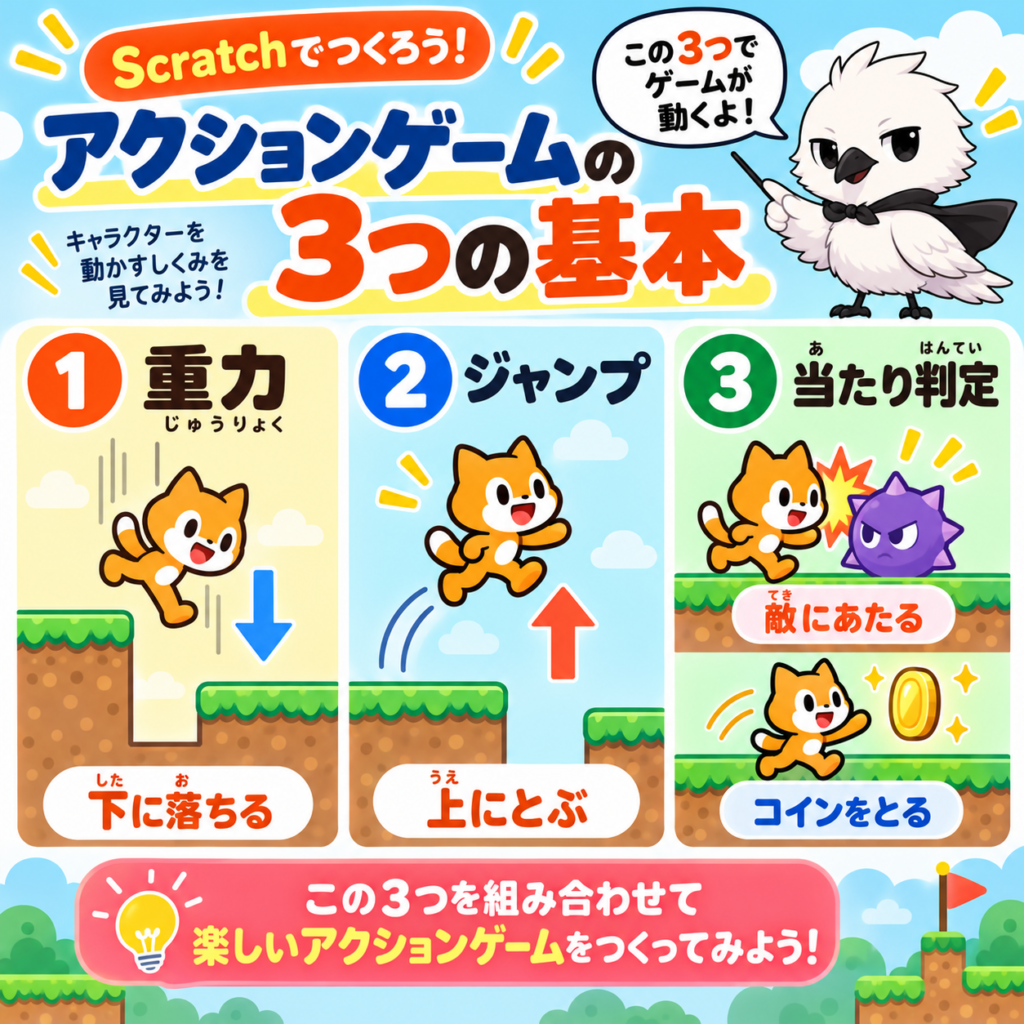 Scratchアクションゲームに必要な重力・ジャンプ・当たり判定の3つの基本