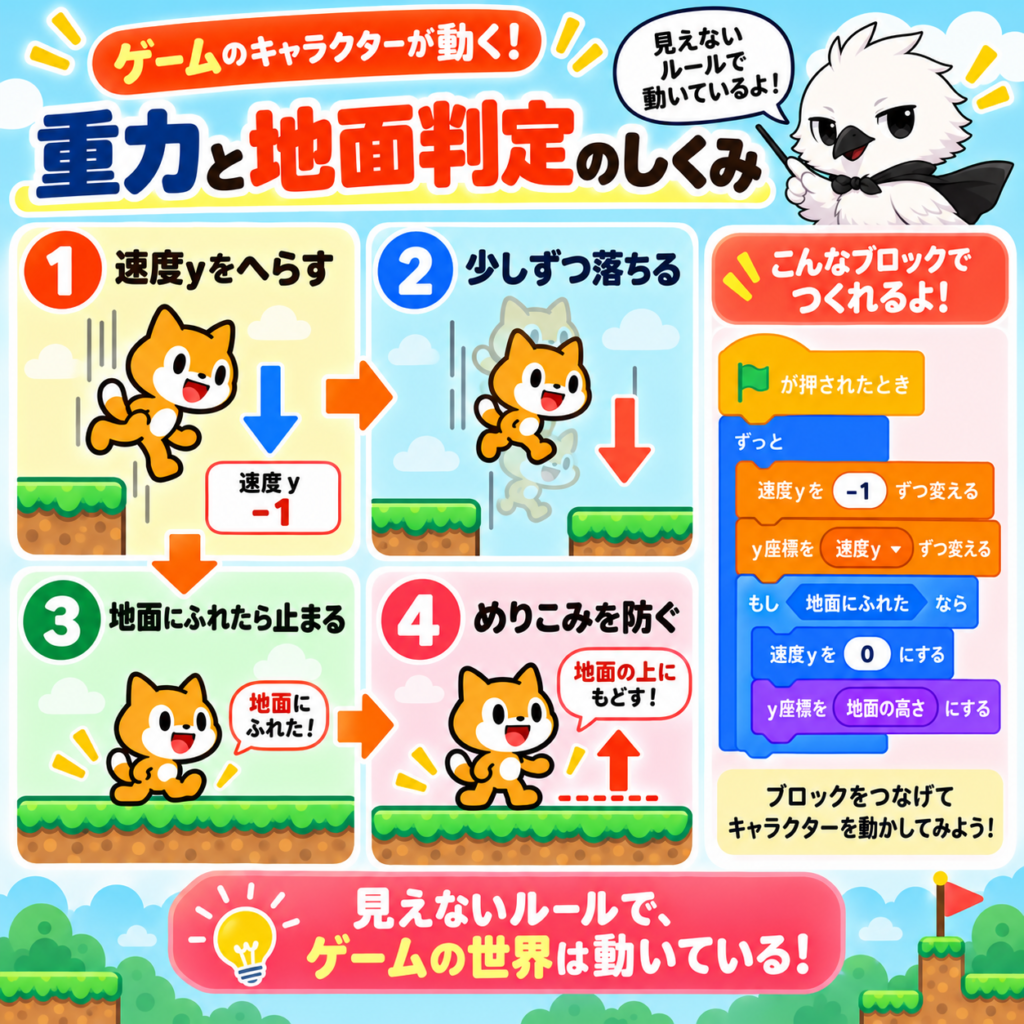 Scratchで重力と地面の当たり判定を作る仕組み