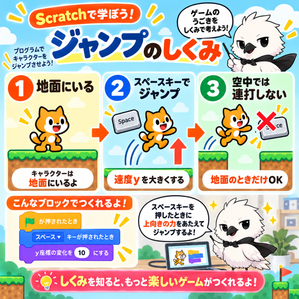 Scratchで地面にいるときだけジャンプできる仕組み