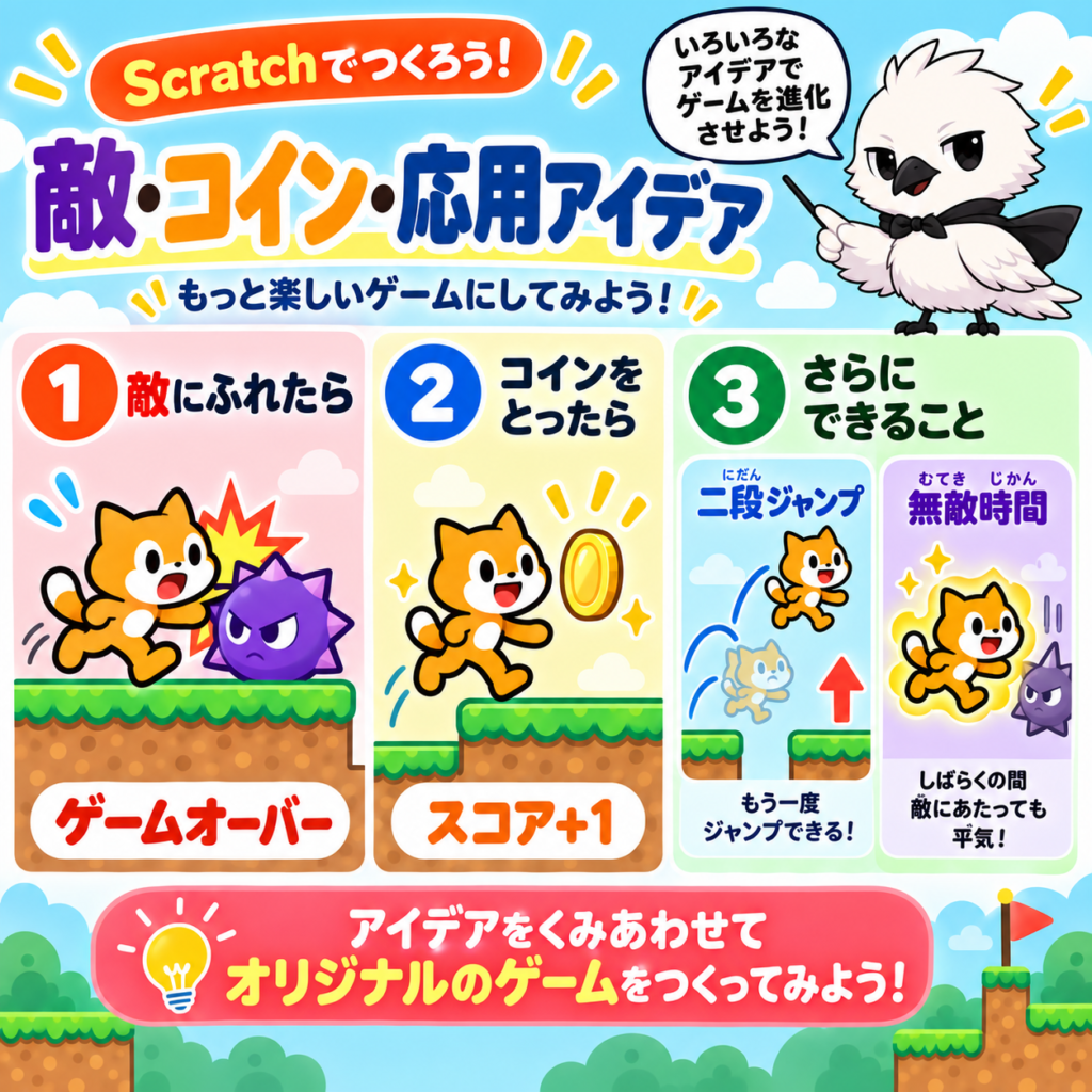 Scratchで敵との当たり判定やコイン取得と二段ジャンプを作る方法