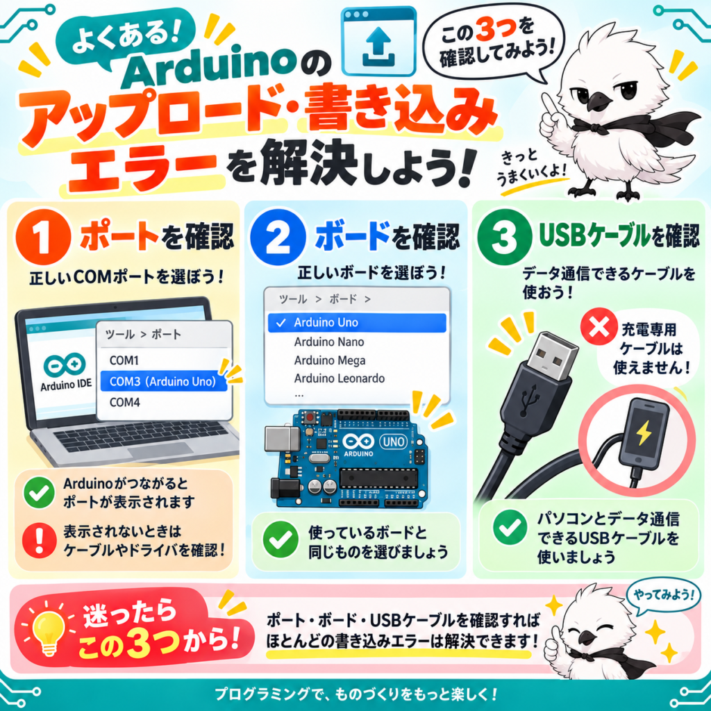 Arduinoのアップロードエラーで確認するポート・ボード・USBケーブル