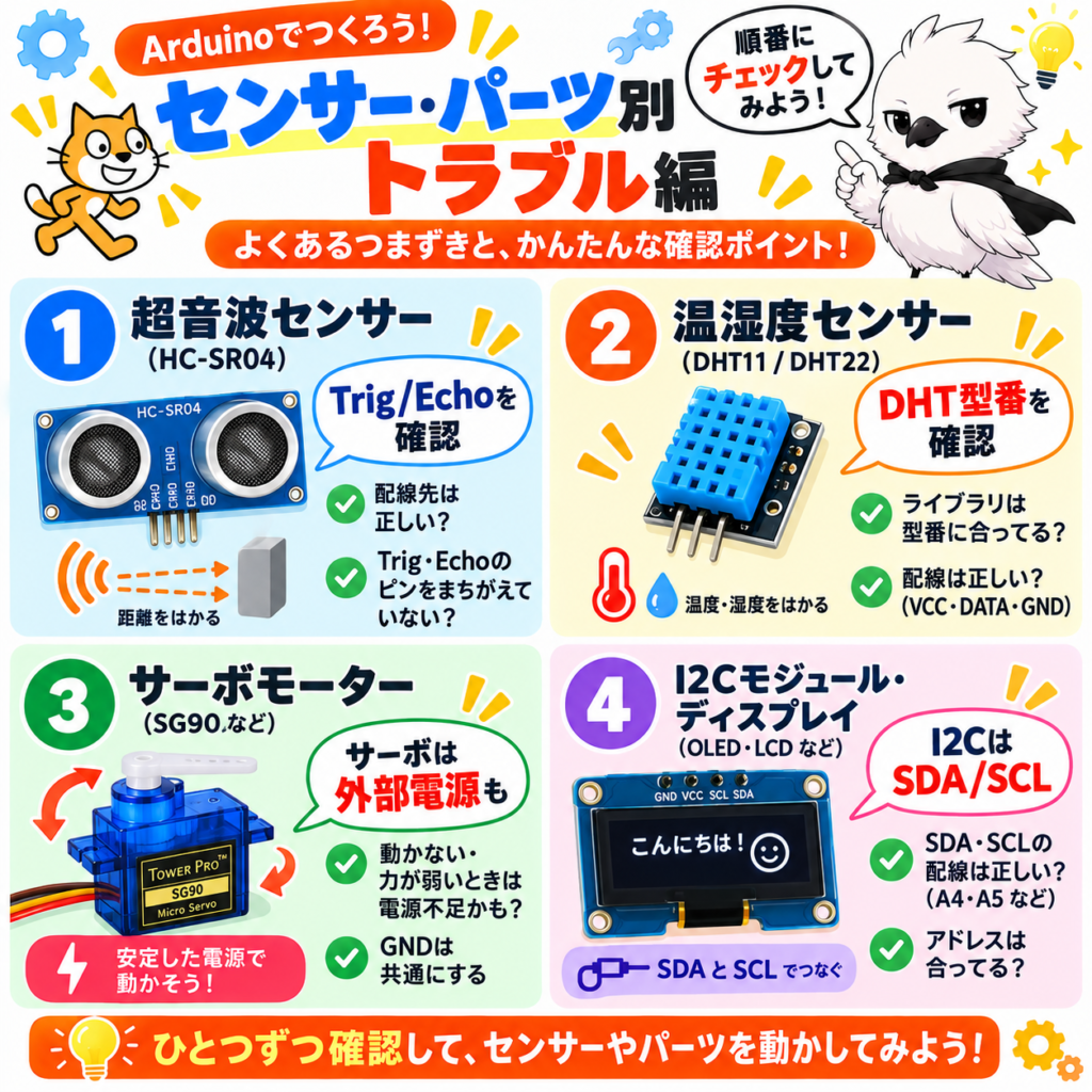 Arduinoの超音波センサー・DHT・サーボ・I2Cのトラブル確認方法