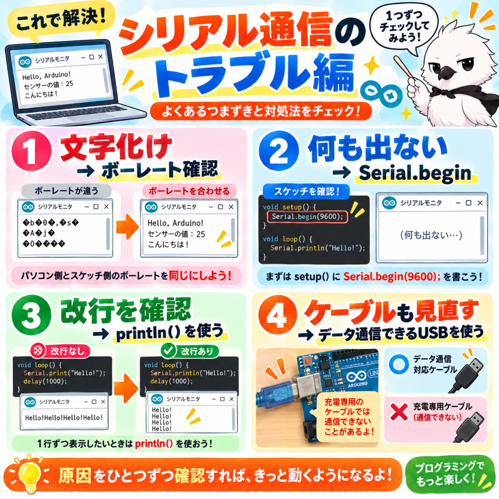 Arduinoシリアル通信の文字化け・Serial.begin・改行・USBケーブルの確認