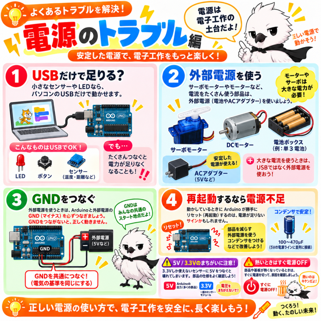 Arduinoの電源トラブルと外部電源・共通GND・電圧不足の対処法