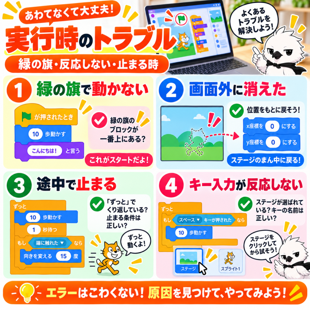 Scratchで緑の旗を押しても動かない時や途中で止まる時の対処法