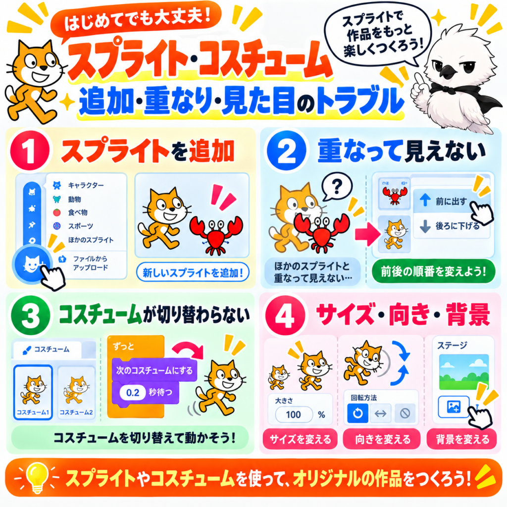 Scratchのスプライト追加や重なりやコスチューム切り替えのトラブル対処法