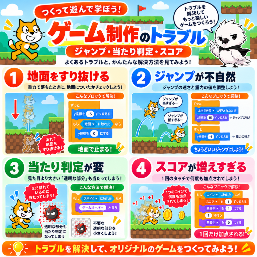 Scratchゲームでジャンプや当たり判定やスコアがおかしい時の対処法