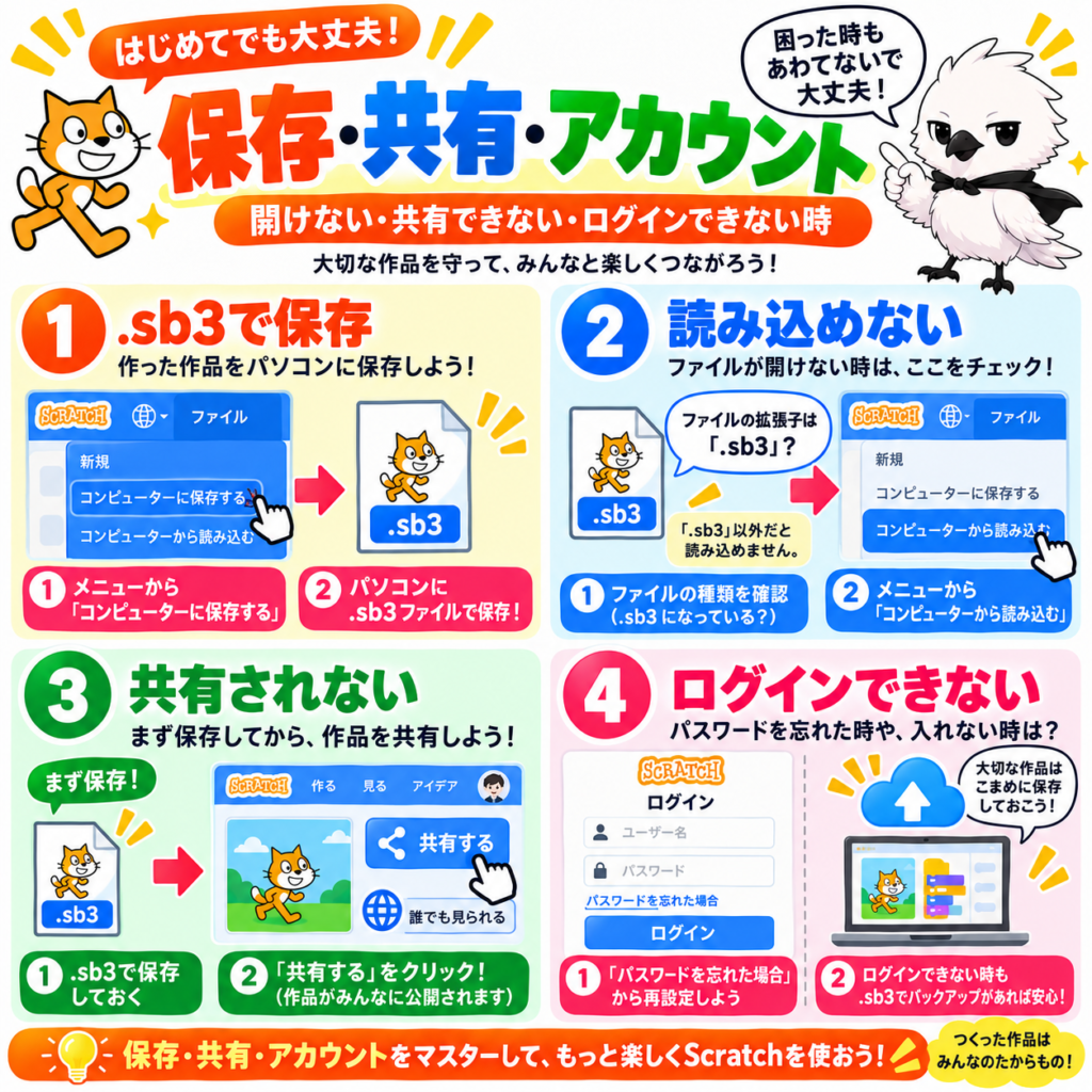 Scratchの保存や共有やログインができない時のトラブル対処法