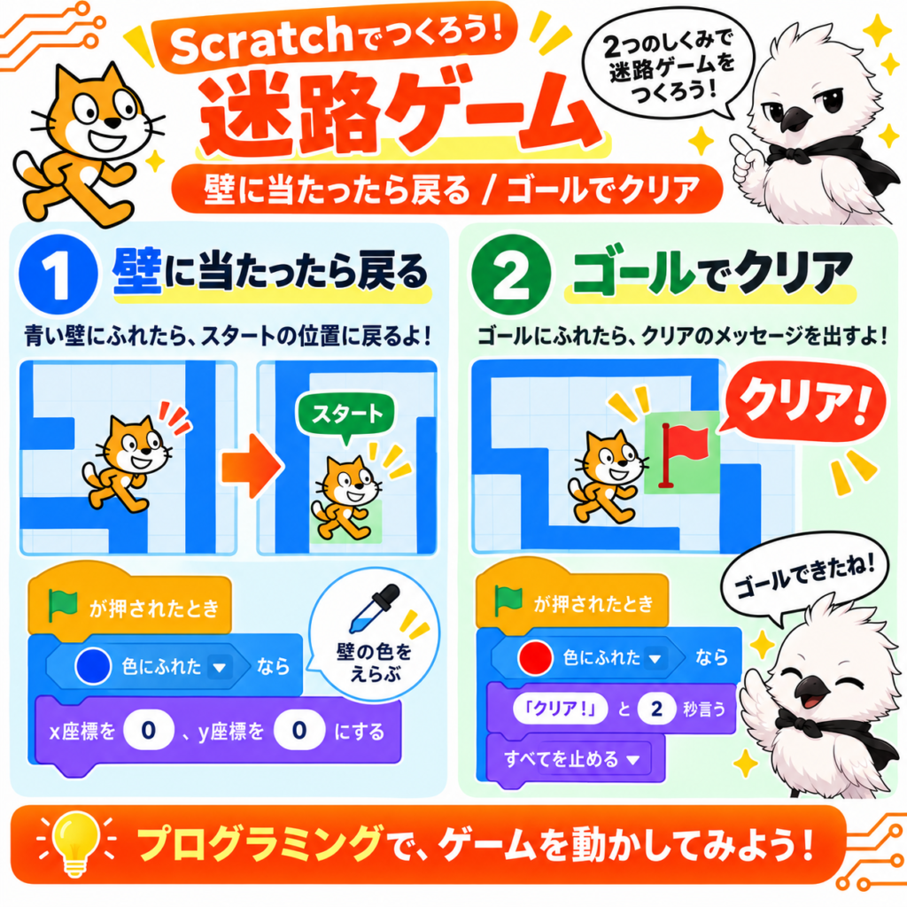 Scratch迷路ゲームで壁に当たると戻りゴールでクリアする仕組み