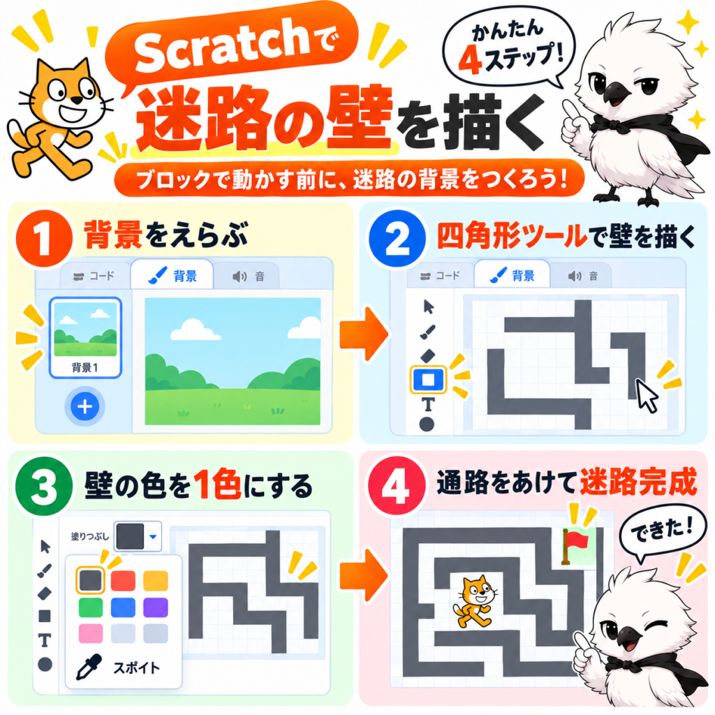 Scratchで背景に四角形を使って迷路の壁を描く手順