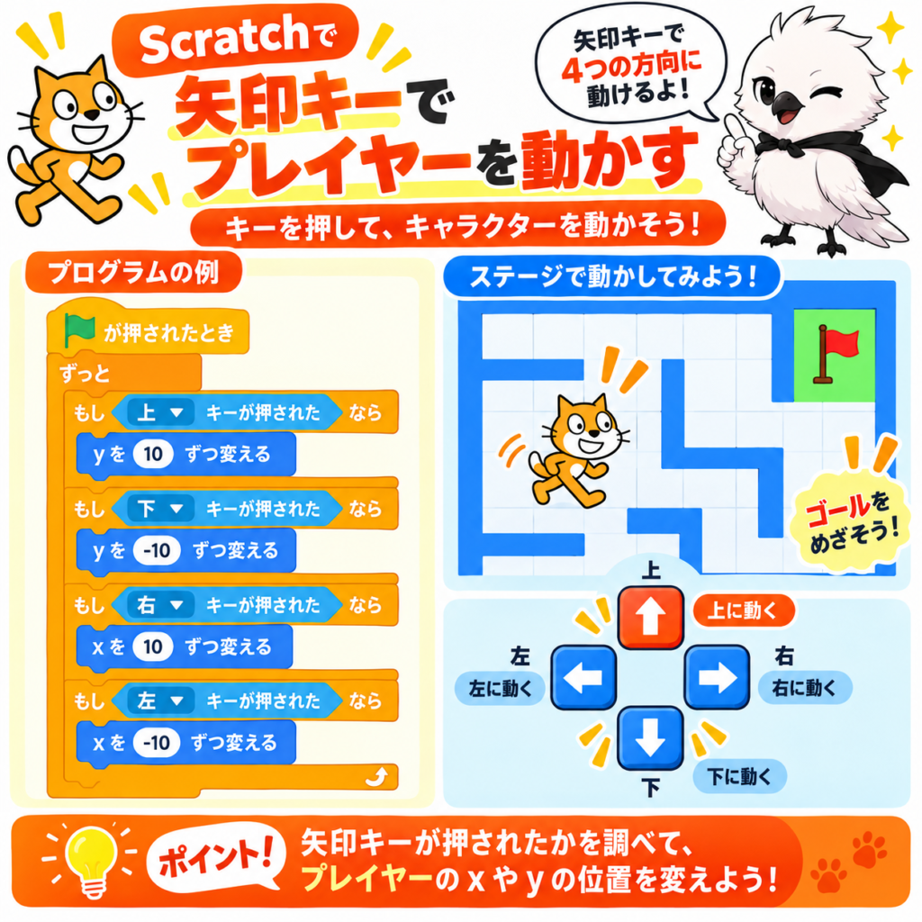 Scratchで矢印キーを使ってプレイヤーを上下左右に動かす方法