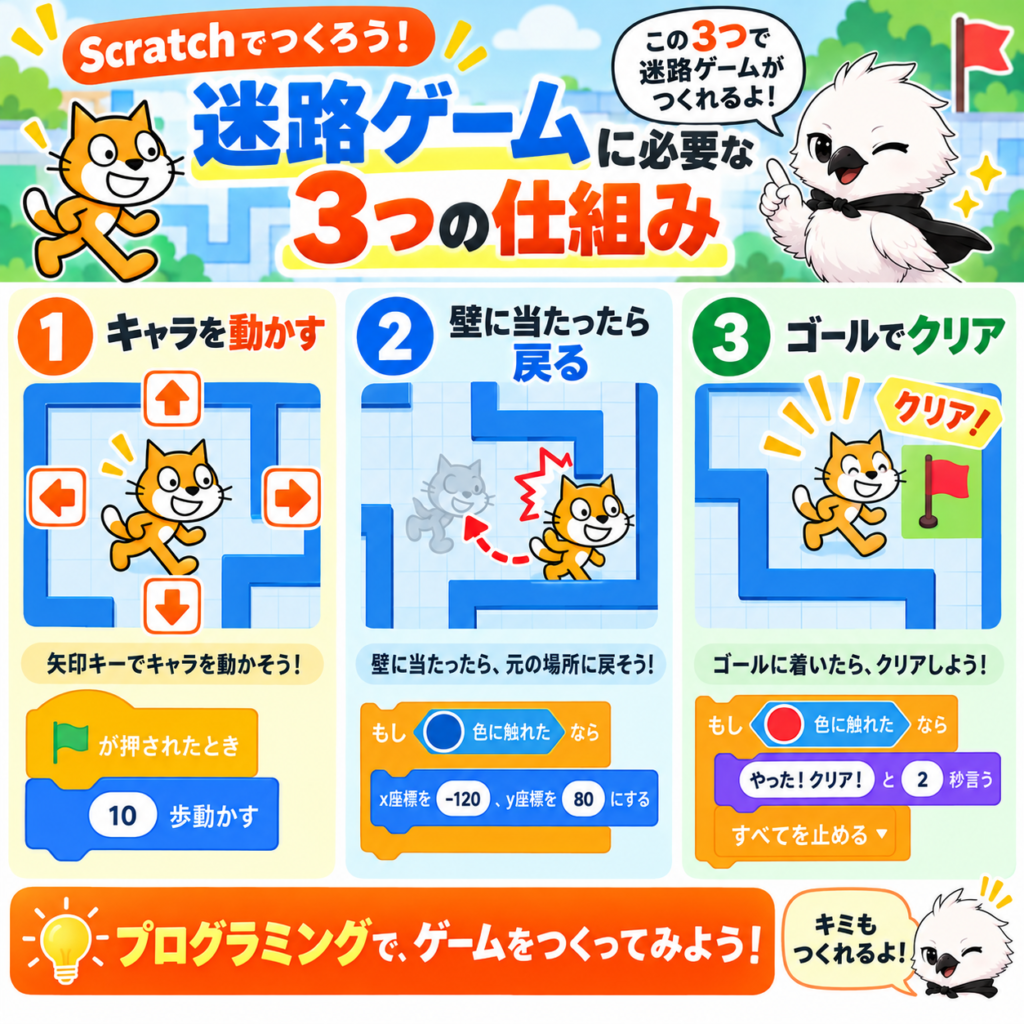 Scratch迷路ゲームに必要な動かす・壁判定・ゴール判定の3つの仕組み